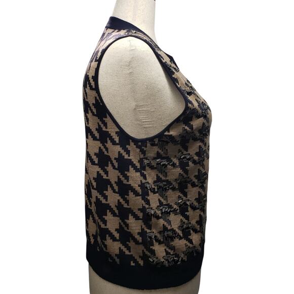 Ann Taylor Sweater Vest Size XL Sequined Houndstooth Knit Navy Beige Sleeveless - Picture 2 of 10